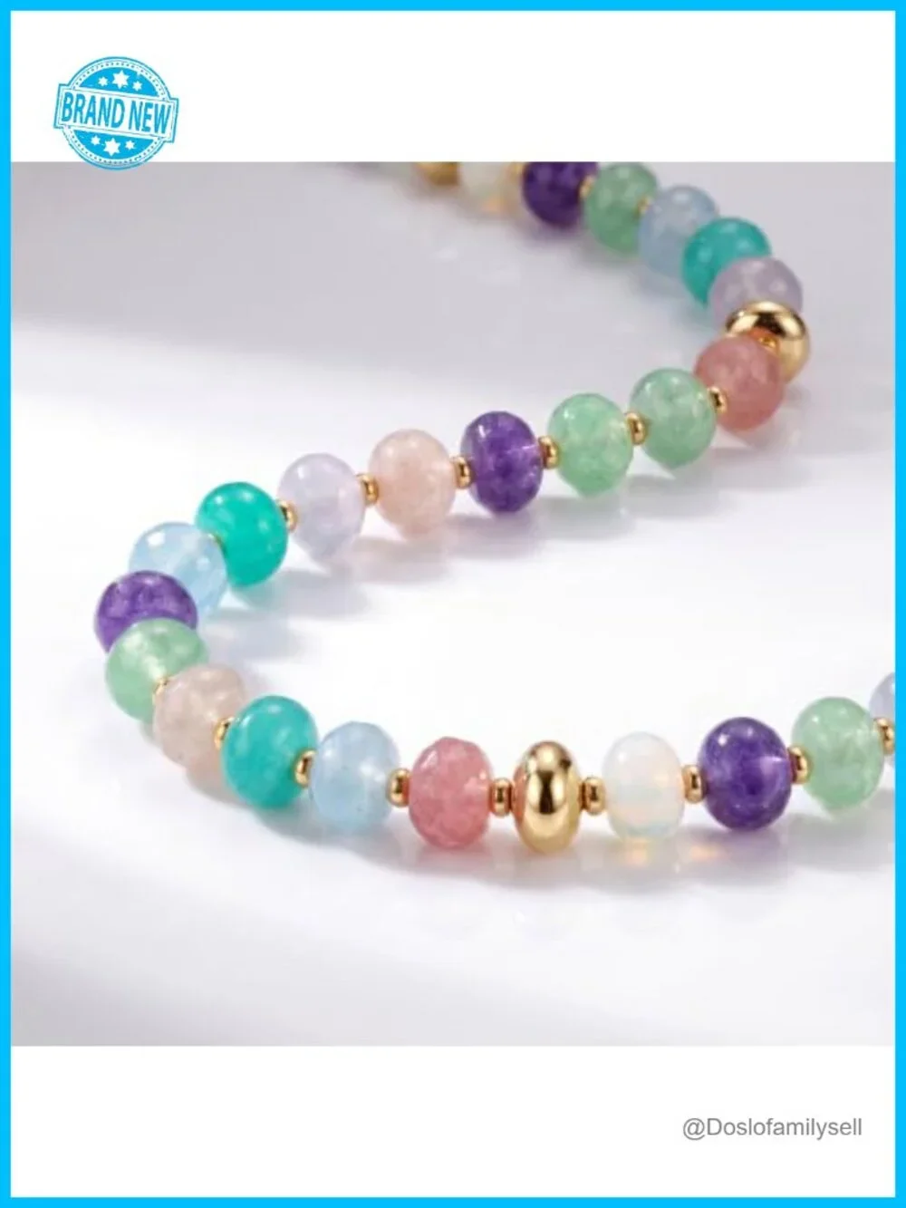Natural Stone Beaded Bracelet, 14K Gold Plated Adjustable Stackable Bracelet